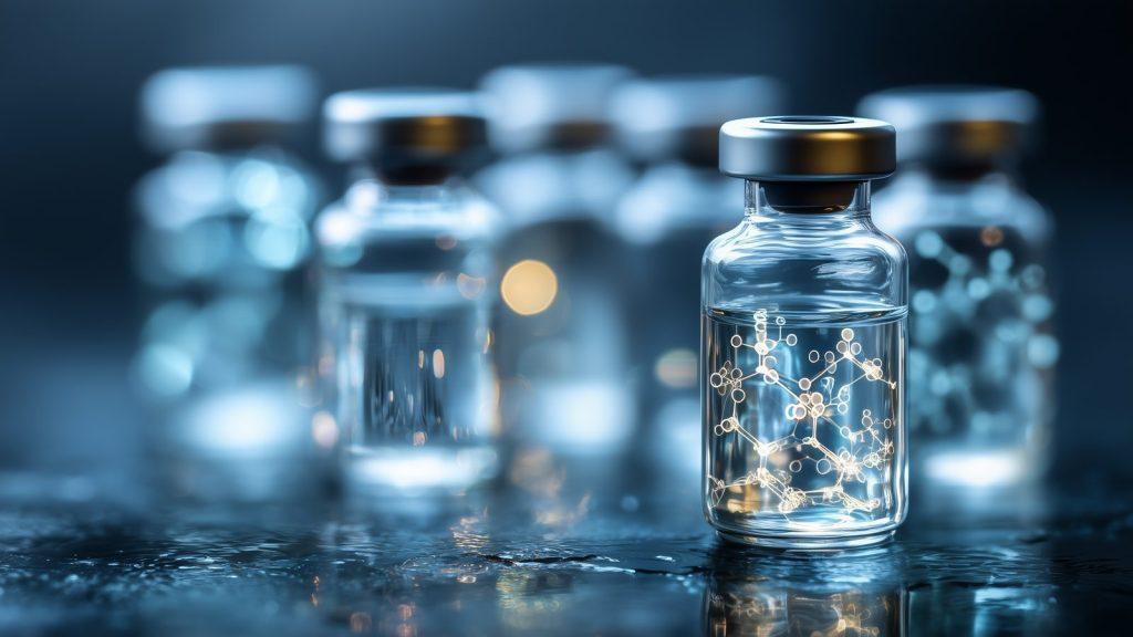 Flacoane cu medicament pe linia de producție