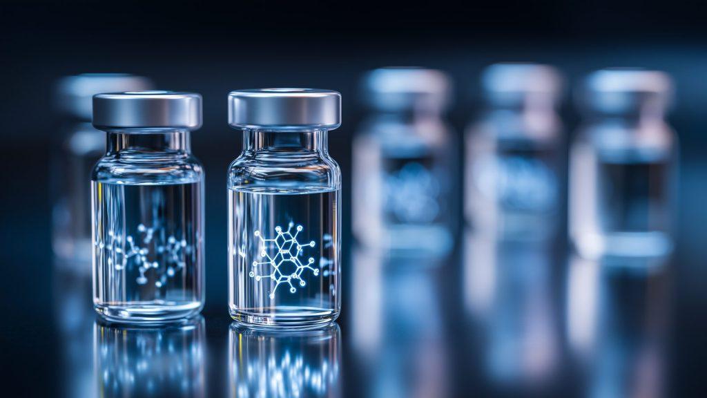 Flacoane farmaceutice pe o linie de producție, cu structuri moleculare